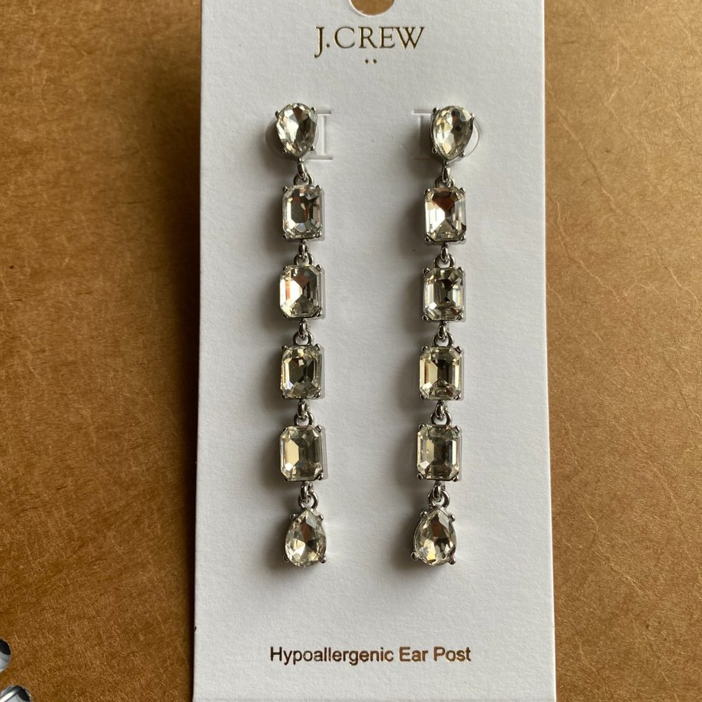 J Crew Factory Crystal Drop Earrings Clear Silver Dangle Statement New JCrew - Picture 2 of 5